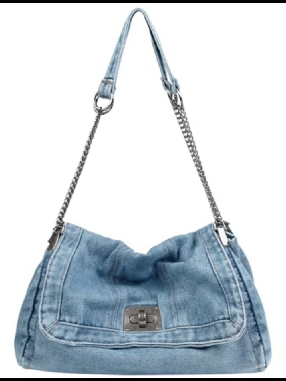 Denim Tote Bag Chain Strap Crossbody Shoulder Handbag Turn-Lock Purse